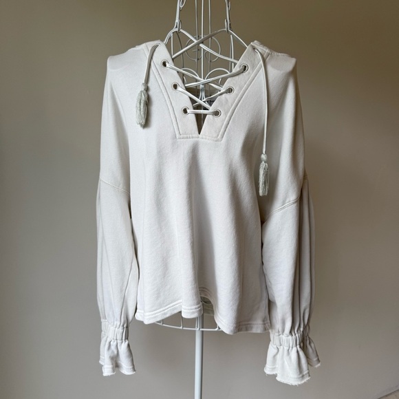 Something Navy Sophia Lace-up Hoodie Beige bell sleeve cotton oversized SZ S - Picture 4 of 9